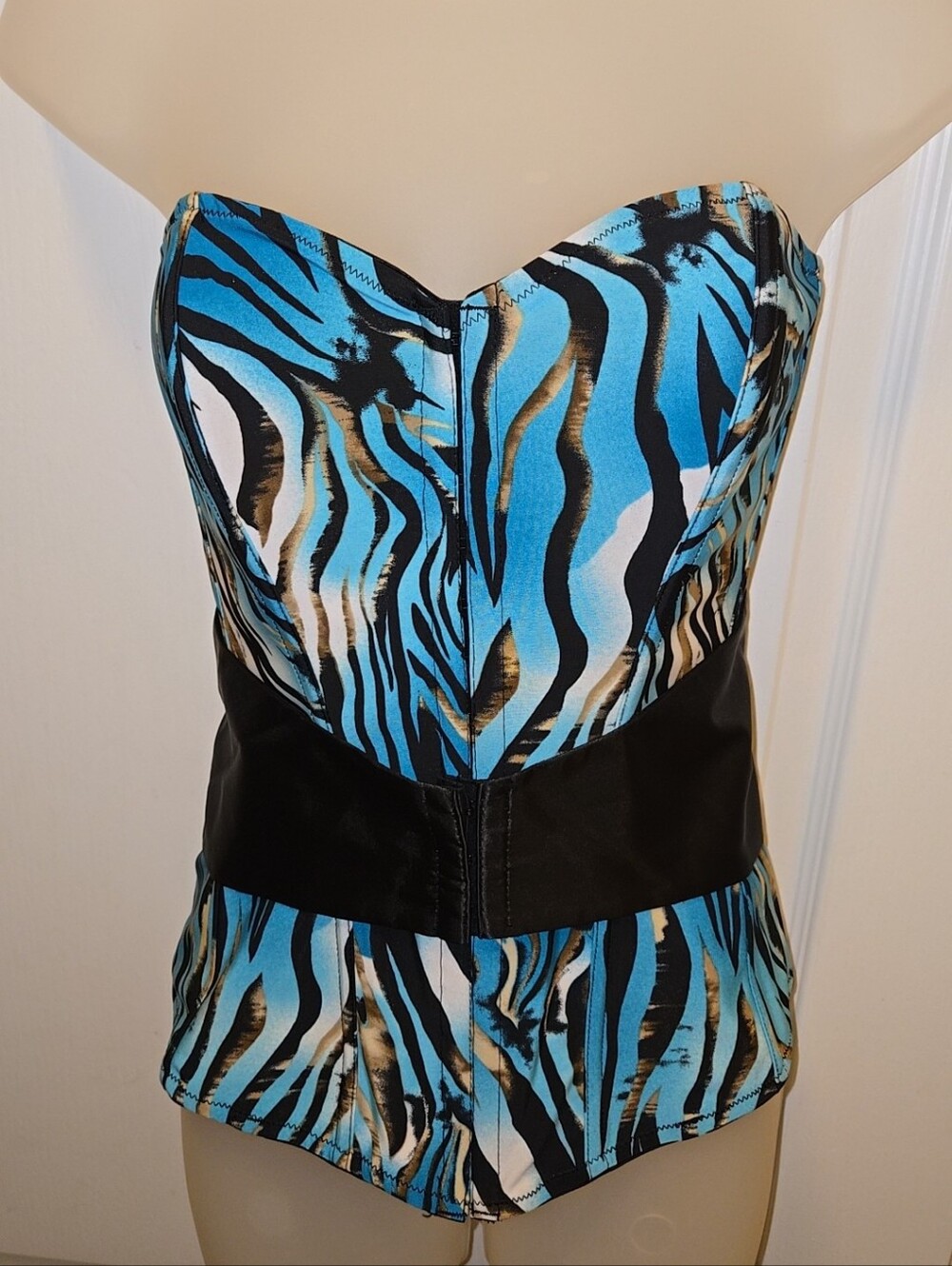 Frederick's of Hollywood Blue Zebra Corset Top Strapless Bustier Y2K VTG